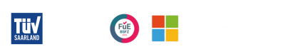 Zertifizierungen und Partner von EVANA mit TÜV Saarland, ISO 27001, BSFZ Siegel und Microsoft Solutions Partner